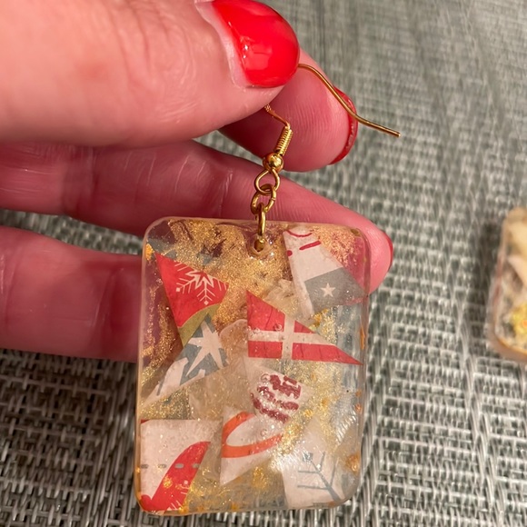 Handmade Festive Medium Holiday Earrings Gold Rectangle - Picture 5 of 9